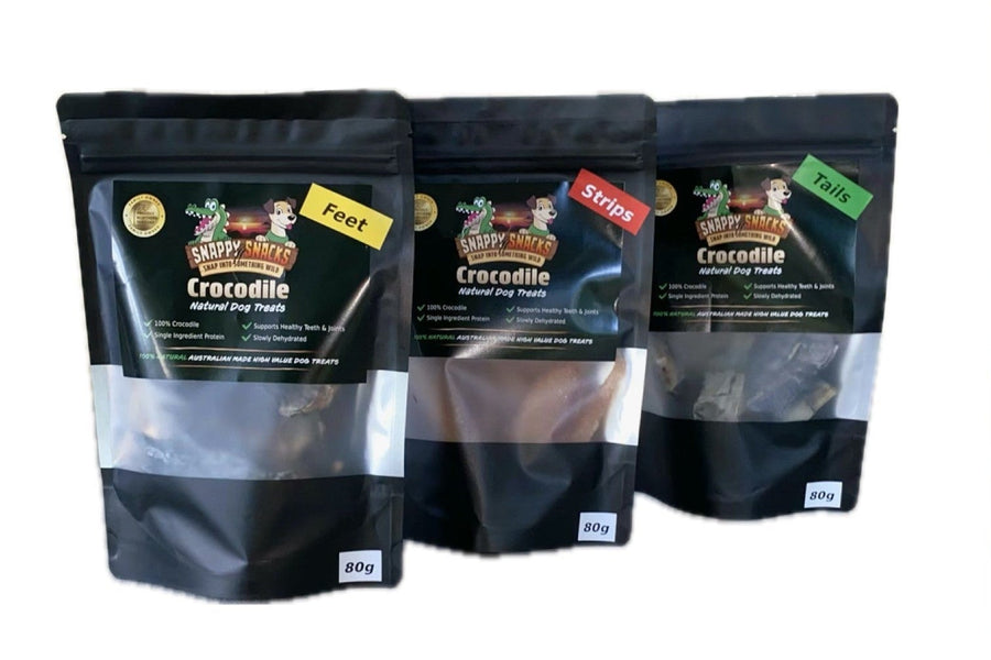 Snappy Snacks Crocodile Variety Bundle — three packs of Australian crocodile dog treats