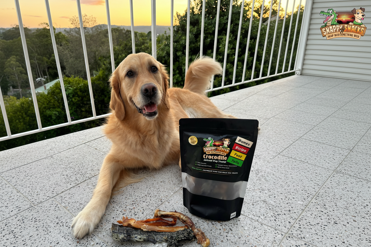 Happy dog with Snappy Snacks crocodile treat