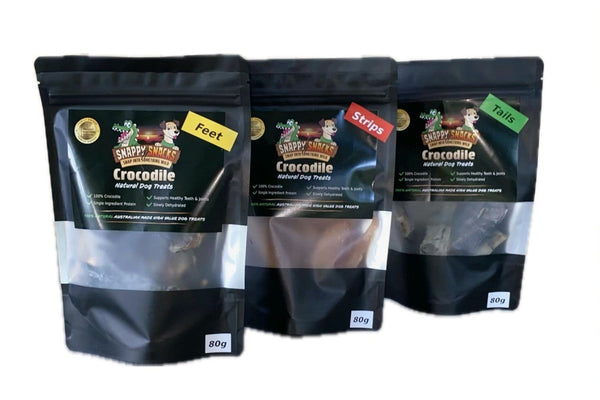Snappy Snacks Crocodile Variety Bundle — three packs of Australian crocodile dog treats